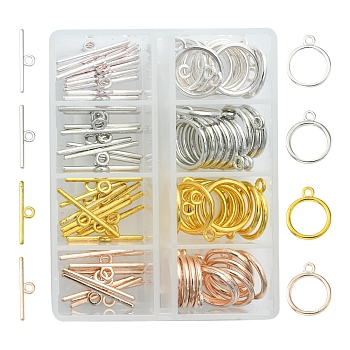40 Sets 4 Colors Alloy Toggle Clasps, Flat Round, Cadmium Free & Nickel Free & Lead Free, Mixed Color, Flat Round: 15x2mm, Hole: 2mm, Bar: 21mm, Hole: 2mm, 2pcs/set, 10 sets/color