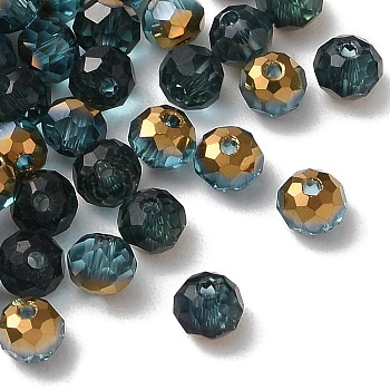 Transparent Electroplate Glass Beads, Half Golden Plated, Faceted, Rondelle, Teal, 4.3x3.7mm, Hole: 1mm, 500pcs/bag