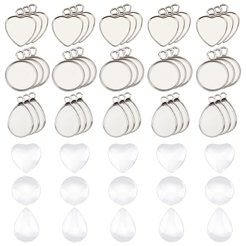 DIY Pendant  Making Kits, Including 304 Stainless Steel Pendant Cabochons Settings & Glass Cabochons, Stainless Steel Color, Settings: 60pcs/box