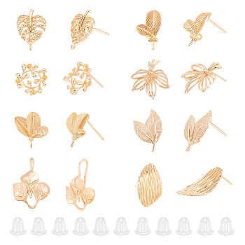 16Pcs 8 Style Brass Stud Earring Findings, Leaf, with Loops and 32Pcs Plastic Ear Nuts, Golden, 13.5~21.5x9.5~19.5mm, Hole: 0.8~2mm, Pin: 0.5~1mm, 2Pcs/style