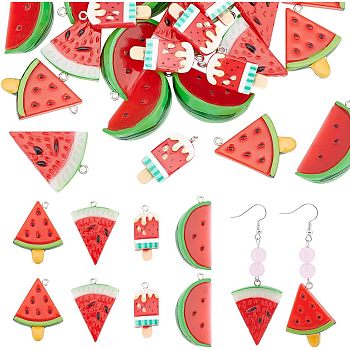 CHGCRAFT 32Pcs 4 Styles Opaque Resin Pendants, Imitation Food, with Platinum Plated Iron Loops, Triangle Watermelon & Watermelon & Ice Cream, Red, 30~39x27~28x8mm, Hole: 2mm, 8pcs/style