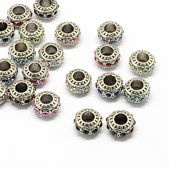 Alloy Rhinestone European Beads, Rondelle Large Hole Beads, Mixed Color, 11x7mm, Hole: 4.5mm