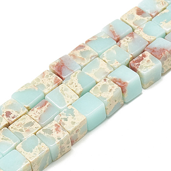 Synthetic Imperial Jasper Beads Strands, Cube, Pale Turquoise, 8x8~8.5x8~8.5mm, Hole: 1mm, about 49~54pcs/strand, 15.7~16.5 inch