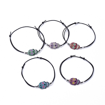 Adjustable Elastic Cord Bracelets, with Brass Beads and Printed Alloy Enamel Links, Skull, Mixed Color, Inner Diameter: 2-3/8 inch~3-3/4 inch(6~9.5cm)