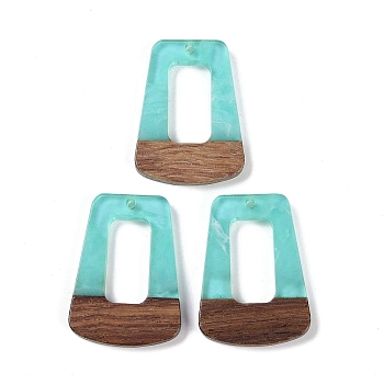 Resin & Wood Pendants, Hollow Trapezoid Charms, Aquamarine, 38x27x3mm, Hole: 2mm