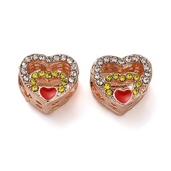 Alloy Enamel European Beads, with Rhinestone, Large Hole Beads, Heart, Rose Gold, 9.5x11.5x9mm, Hole: 4.8mm