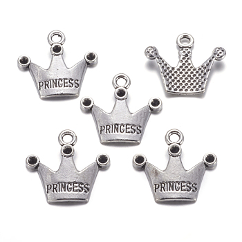 Tibetan Style Pendant Rhinestone Settings, Crown, Lead Free and Cadmium Free, with Word Princess, Antique Silver, 19x17mm, Hole: 2mm