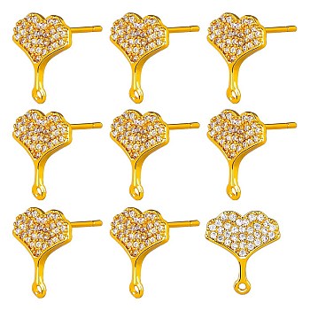 10Pcs Brass Micro Pave Clear Cubic Zirconia Stud Earring Findings, with Horizontal Loops, Gingko Leaf, with 20Pcs Silicone Ear Nuts, Real 18K Gold Plated, 12.5x11.5mm, Hole: 1mm, Pin: 0.7mm