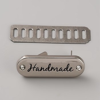Alloy Crystal Rhinestone Handmade Label Tags, with Shim, for Bag Making, Oval, Platinum, 35x12x3mm