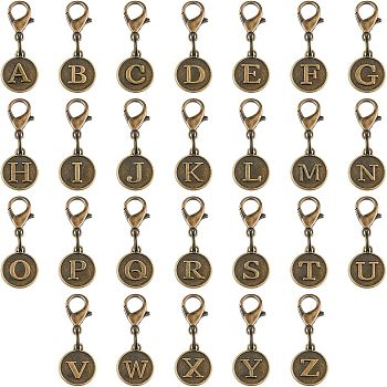 52Pcs Tibetan Style Alloy Alphabet Pendant Decorations, Lobster Clasp Charms, Clip-on Charms, for Keychain, Purse, Backpack Ornament, Stitch Marker, Antique Bronze, 32mm