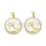 Brass Micro Pave Clear Cubic Zirconia Pendants, Cadmium Free & Lead Free, with Synthetic Opal and ABS Plastic Pearl, Real 18K Gold Plated, Flat Round with Twelve Constellations Charms, Aries, 23x20x2.5mm, Hole: 4.5x3mm(KK-L213-010G-05)