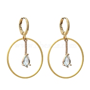 Brass Huggie Hoop Earring, with Transparent Glass Pendants, Teardrop, Golden, Pale Turquoise, 37mm, Pin: 0.8mm(EJEW-JE04262-03)