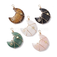 Natural Mixed Stone Copper Wire Wrapped Pendants, Moon with Star Charms, Golden, 44.5x35x11.5mm, Hole: 4mm(PALLOY-JF02685)