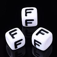 Letter Acrylic Beads, Cube, White, Letter F, Size: about 7mm wide, 7mm long, 7mm high, hole: 3.5mm, about 2000pcs/500g(PL37C9129-F)