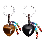 2Pcs 2 Style Natural Gemstone Keychain, with Platinum Plated Alloy Key Rings, Heart, 6cm, 1pc/style(KEYC-CA0001-21)
