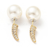 Clear Cubic Zirconia Horn with Acrylic Pearl Front Back Stud Earrings, Brass Jewelry for Women, Cadmium Free & Lead Free, Golden, 28mm, Pin: 0.7mm(EJEW-G295-02B-G)