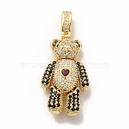 Rack Plating Brass Micro Pave Cubic Zirconia Pendants, Cadmium Free & Lead Free, Real 18K Gold Plated, Long-Lasting Plated, Mechanical Charm, Bear with Heart Charm, Black, 32x17.5x8.5mm, Hole: 3x6.5mm(KK-G456-14G)