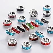 Brass Grade A Rhinestone Spacer Beads, Silver Color Plated, Nickel Free, Mixed Color, 8x3.8mm, Hole: 1.5mm(RSB038NF)