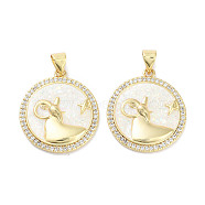 Brass Micro Pave Clear Cubic Zirconia Pendants, with Synthetic Opal and ABS Plastic Pearl, Real 18K Gold Plated, Flat Round with Twelve Constellations Charms, Aries, 23x20x2.5mm, Hole: 4.5x3mm(KK-L213-010G-05)