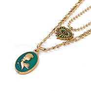 Green Enamel Mermaid & Evil Eye Pendant Double Layer Necklace, Ion Plating(IP) 304 Stainless Steel Figaro & Ball Chains Necklace for Women, Golden, 16.54 inch(42cm)(NJEW-L462-01G)