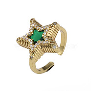 Cubic Zirconia Star Open Cuff Ring, Real 18K Gold Plated Brass Jewelry for Women, Nickel Free, Green, US Size 8 1/4(18.3mm)(RJEW-N035-126B)