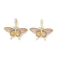 Brass Micro Pave Cubic Zirconia Pendants, Cadmium Free & Lead Free, Real 18K Gold Plated, Butterfly, Colorful, 18x33x4mm, Hole: 9.5x2mm(KK-E005-14G-02)