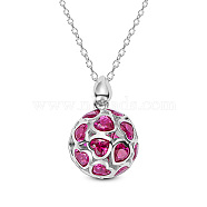 SHEGRACE Rhodium Plated 925 Sterling Silver Pendant Necklaces, with Red Corundum, Round with Heart, Hot Pink, Platinum, 15.75 inch(40cm), Round: 14.5mm(JN880A)