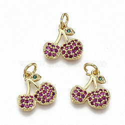 Brass Micro Pave OldRose Cubic Zirconia Charms, with Jump Rings, Nickel Free, Cherry, Real 16K Gold Plated, 12.5x13x3mm, Jump Ring: 5x0.8mm, 3.4mm inner diameter(X-ZIRC-S067-151-NF)