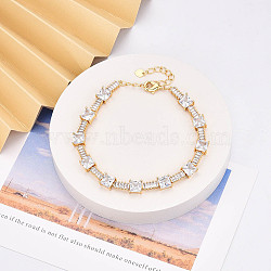 Brass Micro Pave Clear Cubic Zirconia Rectangle Link Chain Bracelets for Women, Real 18K Gold Plated, 7-3/4x1/4x1/4 inch(19.7x0.7x0.6cm), Extender Chain: 60mm long(ZIRC-T016-06G)