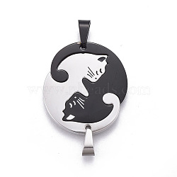 304 Stainless Steel Split Kitten Pendants, with Enamel, Couple Cat Shape, Gunmetal & Stainless Steel Color, Single Cat: 25.5x23.5x2.5mm, Hole: 6x3.5mm(X-STAS-P235-05BP)