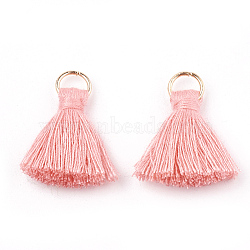 Polycotton(Polyester Cotton) Tassel Pendant Decorations, with Iron Findings, Light Gold, Pink, 20~30x7~8mm, Hole: 5mm(X-FIND-S280-13)