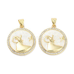 Brass Micro Pave Clear Cubic Zirconia Pendants, with Synthetic Opal and ABS Plastic Pearl, Real 18K Gold Plated, Flat Round with Twelve Constellations Charms, Aries, 23x20x2.5mm, Hole: 4.5x3mm(KK-L213-010G-05)