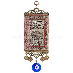 Zinc Alloy & Cloth Hanging Pendant Decorations, with Evil Eye Glass Beads, Rectangle with Scripture Pattern, Antique Bronze, 290x100x2mm, Hole: 13x9.5mm(HJEW-WH0036-21)