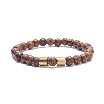Natural Wenge Wood Round Beaded Stretch Bracelet with Synthetic Hematite for Men Women, Saddle Brown, Inner Diameter: 2-1/4 inch(5.6cm)