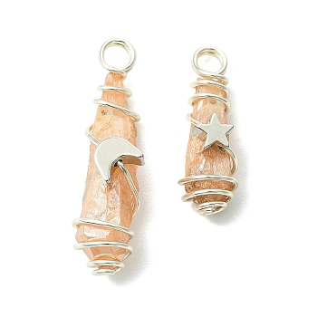 2Pcs Electroplated Natural Quartz Crystal Dyed Copper Wire Wrapped Pendants, Teardrop Charms with Brass Star & Moon, Platinum, Wheat, 28~37x9.5~15.5x7.5~16mm, Hole: 3.5~4mm