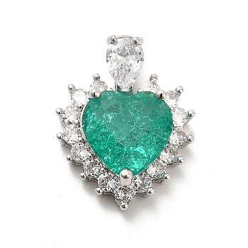 Brass Micro Pave Clear Cubic Zirconia Pendants, with Green Glass, Heart Charm, Platinum, 24x19x7.5mm, Hole: 5.5x3mm
