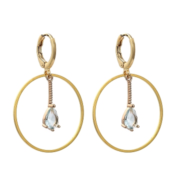 Brass Huggie Hoop Earring, with Transparent Glass Pendants, Teardrop, Golden, Pale Turquoise, 37mm, Pin: 0.8mm