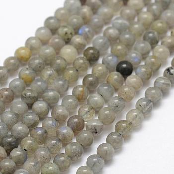 Natural Labradorite Beads Strands, Round, 4mm, Hole: 1mm, about 107pcs/strand, 15.1 inch(38.5cm)