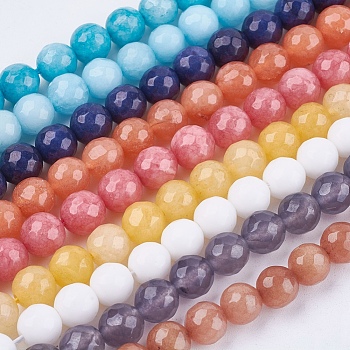 Natural Jade Bead Strands, Dyed, Faceted, Round, Mixed Color, 8mm, Hole: 1mm, 48pcs/strand, 14.5~14.9 inch