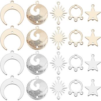 SUPERFINDINGS 40Pcs 5 Style Brass Link Connectors, Long-Lasting Plated, Moon & Flat Round & Star & Sun, Platinum & Golden, 4pcs/style