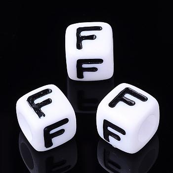 Letter Acrylic Beads, Cube, White, Letter F, Size: about 7mm wide, 7mm long, 7mm high, hole: 3.5mm, about 2000pcs/500g
