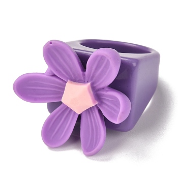 Acrylic Finger Rings, Square with Resin Flower, Purple, US Size 7 3/4(17.9mm), 7~19.5mm, Inner Diameter: 18mm