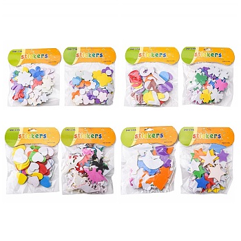 Sponge EVA Sheet Foam Paper Sets, With Adhesive Back, Kids Handmade DIY Scrapbooking Craft, Clover & Heart & Number & Flower & Flat Round & Star & Butterfly & Dinosaur & Coconut Tree & Vehicle, Mixed Color, 33~34x33x2mm, 8bag/set