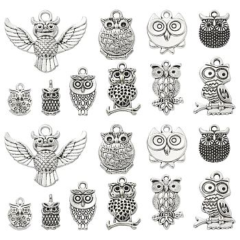 100Pcs 10 Styles Tibetan Style Alloy Owl Pendants, Cadmium Free & Lead Free, Antique Silver, 14~23.5x9~30.5x2.5~4.5mm, Hole: 2mm, 10pcs/style