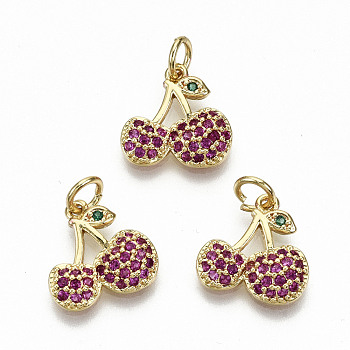Brass Micro Pave OldRose Cubic Zirconia Charms, with Jump Rings, Nickel Free, Cherry, Real 16K Gold Plated, 12.5x13x3mm, Jump Ring: 5x0.8mm, 3.4mm inner diameter
