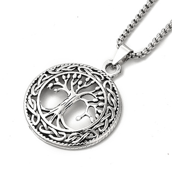 Alloy Tree of Life Pandant Necklace with Titanium Steel Box Chains, Gothic Jewelry for Men Women, Antique Silver, 23.62 inch(60cm)
