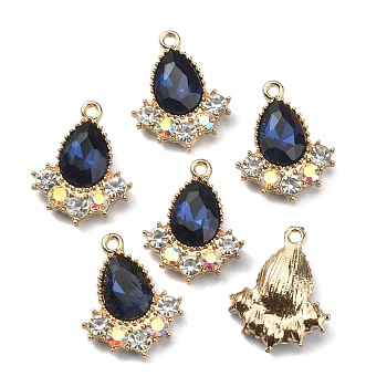 Glass Rhinestone Pendants, with Light Gold Plated Zinc Alloy Findings, Teardrop Charms, Dark Indigo, 20x16x5mm, Hole: 1.5mm