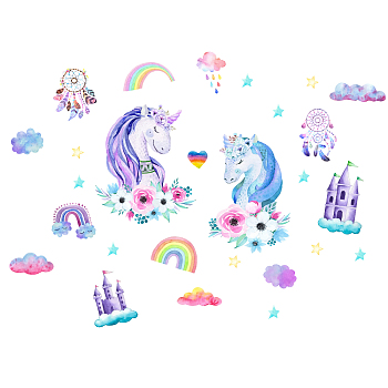 PVC Wall Stickers, for Wall Decoration, Unicorn & Castle & Rainbow Pattern, Colorful, 390x900mm, 2pcs/set