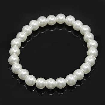 Glass Pearl Beaded Stretch Bracelets, White, Inner Diameter: 1-5/8 inch(4cm), Bead: 6mm