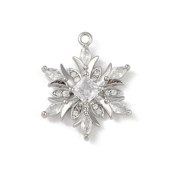 Christmas Theme Brass Micro Pave Cubic Zirconia Pendants, Snowflake, Clear, 20x16x3.5mm, Hole: 1.2mm